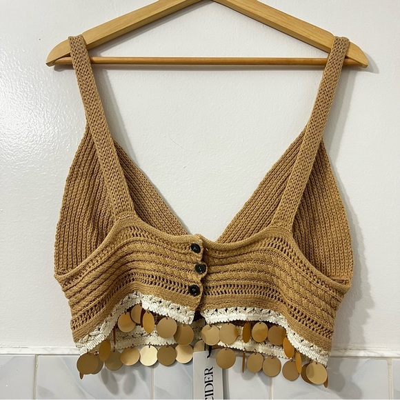 NWT Cider L Beige Tassel Knit Crop Tank Bohemian Festival Coachella Beachy Top - Picture 6 of 10